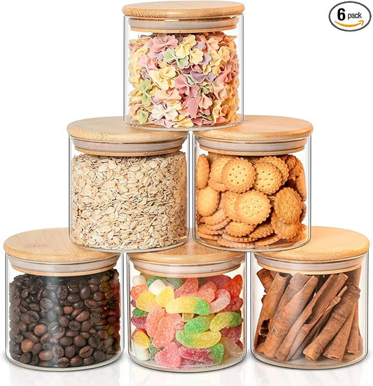 Liuruiyu Glass Food Storage Jars 6-Pack - 4x4 in-Clear Glass Food Canisters with Bamboo Lid Airtight For Serving Tea, Coffee, Flour, Sugar, Candy, Cookie, Spice and More (Circular)