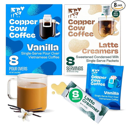 Copper Cow Coffee Pour Over Vietnamese Ground Coffee Pouches + Sweetened Condensed Milk Creamers (8 Coffees & 8 Milk Creamers) | Vanilla Lattes, No Refrigeration Needed, Travel Friendly