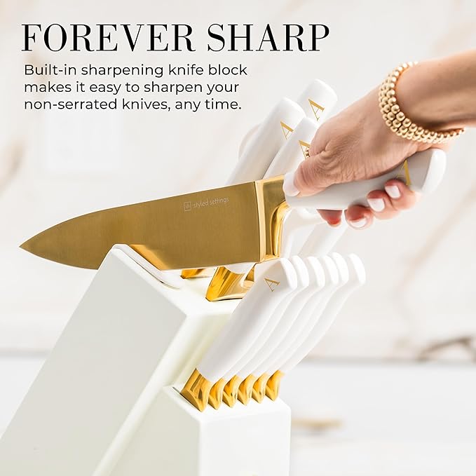 Personalized Gold Knife Set with Self-Sharpening Block – Make It Uniquely Yours with Custom Engraving on Luxurious White and Gold Knives – Personalized Gift for Weddings, Birthdays, Anniversaries