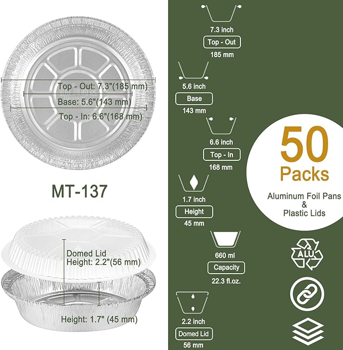 7" Aluminum Foil Pans with Clear Lids 50 Pack,Heavy Duty Disposable Containers for Roasting,Storing,Baking,Cooking,Recyclable