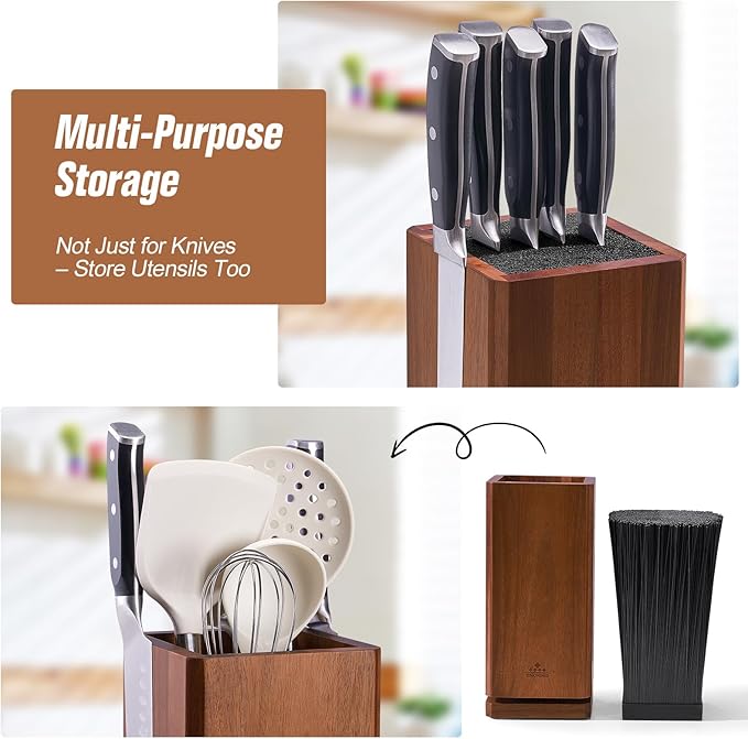 360° Rotating Magnetic Knife Block without Knivies, Acacia Wood Knife Holder with Removable Bristles, Large Capacity Knife Storage Organizer for Kitchen Countertop