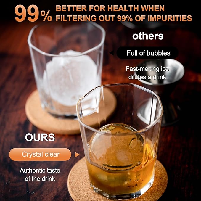 Clear Ice Cube Maker, 2.5" Easy-Release Sphere Ice Maker, Stainless Steel Clear Ice Maker, Non-BPA Premium Silicone Ice Cube Molds for Cocktails, Drinks & Bourbon, Whiskey Gifts for Men - 2 Pack