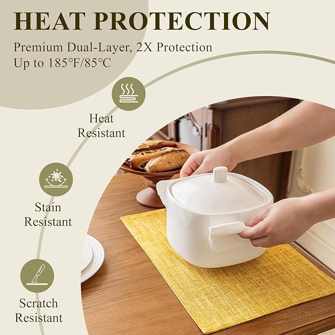 KXN Placemats Set of 8, Dual-Layer Thickened Faux Linen Table Mats, Heat Resistant & Wrinkle-Free, Machine Washable Cloth Place Mats for Kitchen Dining Indoor Outdoor (Yellow)