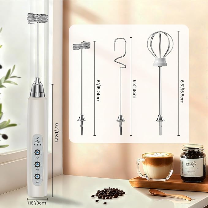 Milk Frother Handheld Rechargeable, Frother Wand Drink Mixer Electric Whisk for Coffee, Detachable With 3 Stainless Whisks, Hand Mixer for Lattes, Cappuccino, Matcha, Egg, No Stand, Beige
