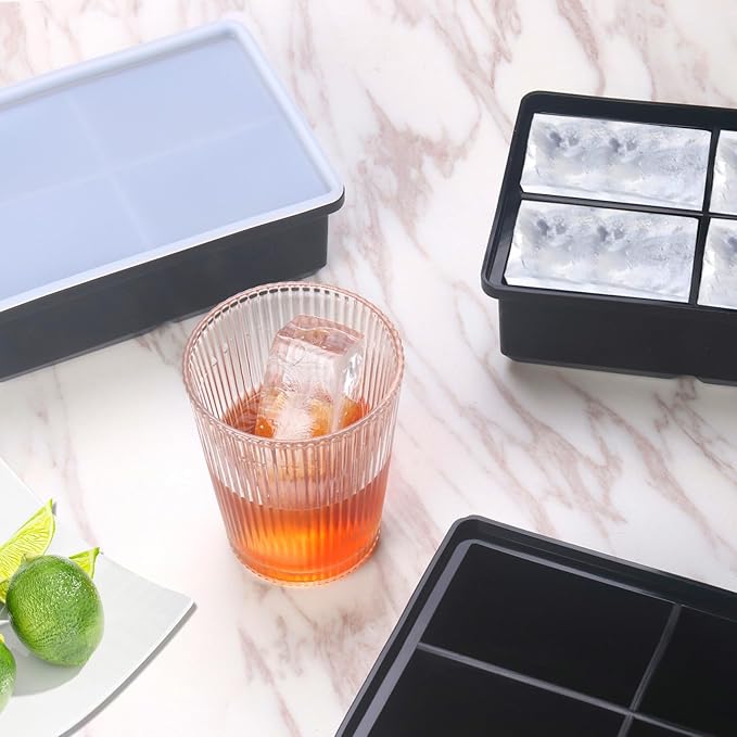 Large Ice Cube Trays for Whiskey: BECOKIT Big Silicone Ice Cube Trays - 3 * 2Inch Square Ice Cubed Tray for Bourbon Whisky and Cocktail - 2Pack Giant Silicon Ice Cube Tray (Black 2 Tray)