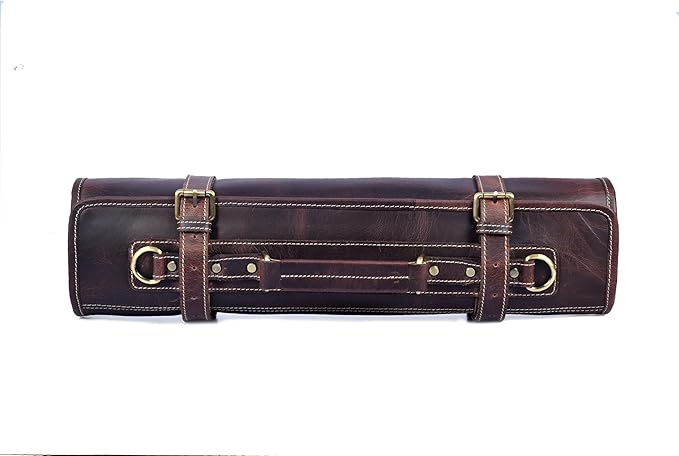 Leather Knife Roll Storage Bag, Elastic and Expandable 10 Pockets, Adjustable/Detachable Shoulder Strap, Travel-Friendly Chef Knife Case (Florida Brown, Leather)