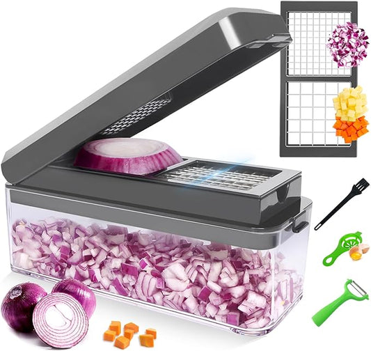 Vegetable Chopper, Onion Chopper Dicer, Mandoline Slicer with Container, Vegetable Cutter for Salad Potato Carrot Garlic（2 Blades, Grey）