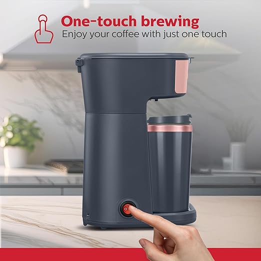 Holstein Housewares Personal Coffee Maker with 14oz Travel Mug – Compact One-Touch Brew Machine with Reusable Filter, Auto Shut-Off, Non-Stick Plate, Ideal for Home, Office, or Dorm. Rose Gold & Grey