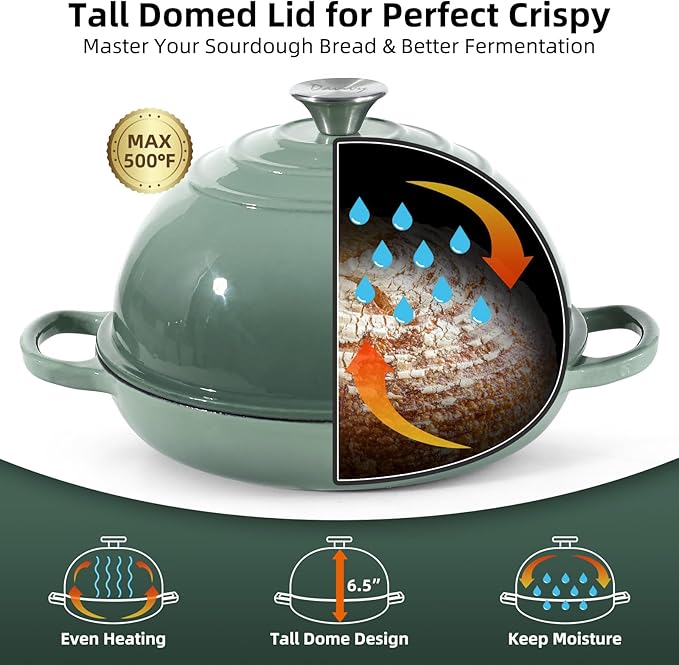 Davivy 5.5QT Sourdough Dutch Oven with Lid, 10" Round Cast Iron Bread Pan with Lid, Enameled Bread Baking Cloche, Dutch Oven for Sourdough Bread Baking, with Silicone Oven Mitts - Sea Salt Green