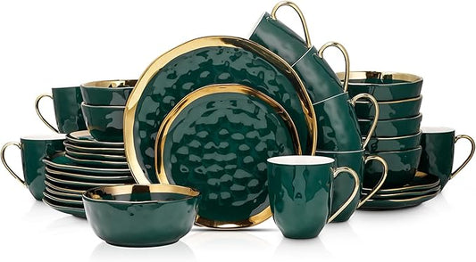 Stone Lain Florian Modern Porcelain Dish Set, 32-Piece Dishes for 8, Gold and Green (Porcelain Dinnerware Set)