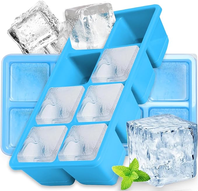 Large Ice Cube Molds 2 Pack, FURNSII Silicone Ice Cube Tray for Freezer with Lid, 8 Giant Square Cubes, Easy Release Stackable Ice Molds for Whisky Cocktails