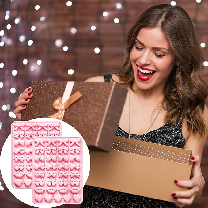 2PCS Silicone Molds Candy Bow Chocolate Silicone Mold Lip Chocolate Mold Heart Chocolate Molds, 33 Cavity Heart Shaped Mold for DIY Resin Product, Baking, Candy, Candles Pink