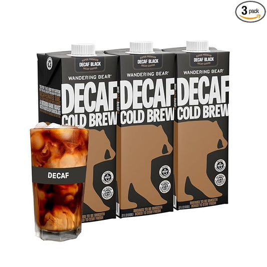 Wandering Bear Decaf Cold Brew Coffee - Bold, Smooth, No Sugar Added, Shelf-Stable, Ready to Drink, Gluten Free & Vegan Decaf Iced Cold Brewed Coffee Drink - 32 fl oz, 3 pack