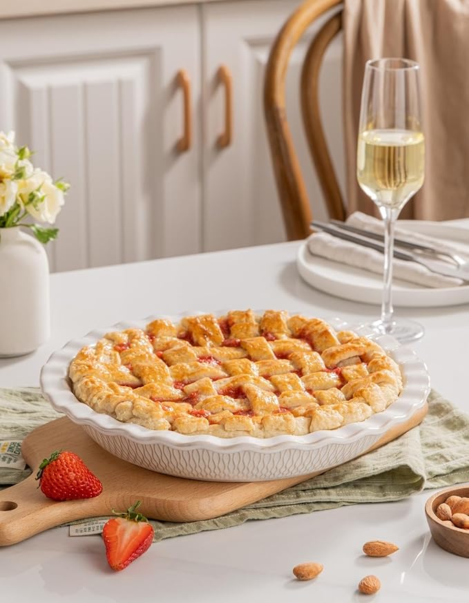 Ceramic Pie Dish for Baking, 9 inch Porcelain Pie Pan, Fluted Pie Plate for Apple, Quiche, Pot Pies, Tart, Modern Farmhouse Bakeware, Glazed White