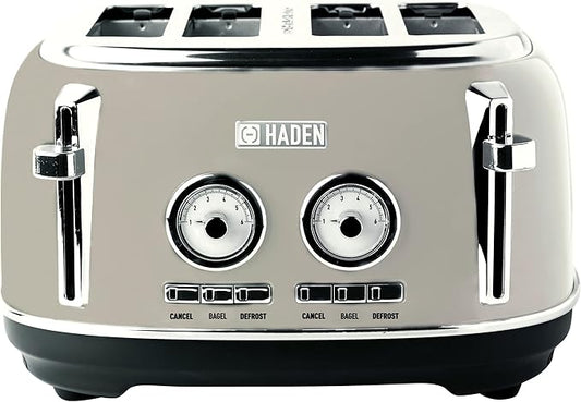 Haden Dorset 4 Slice Wide Slot Stainless Steel Toaster with Adjustable Browning Control & Non-Slip Feet, Putty & Chrome