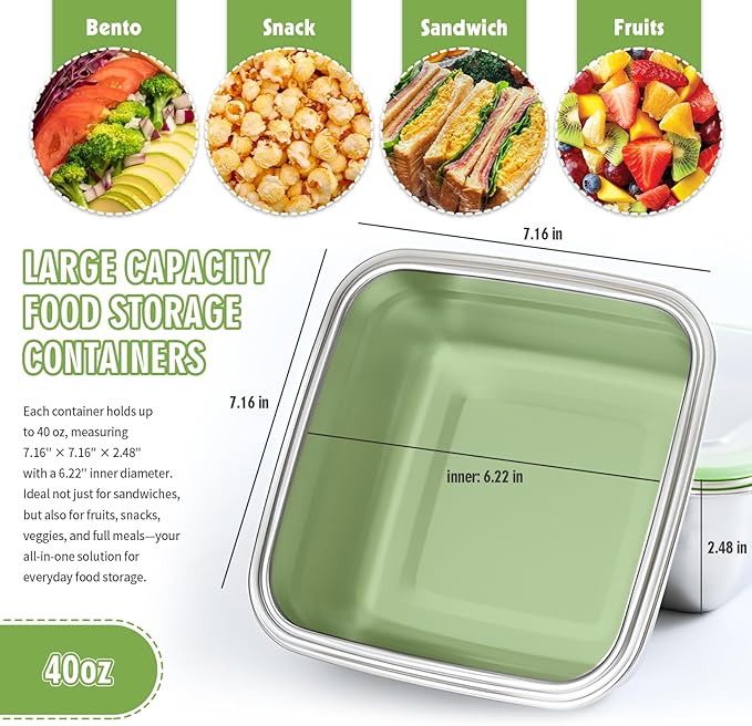 4 Pack Sandwich Containers, 40oz Stainless Steel Sandwich Box with Airtight Lids, Reusable Metal Meal Prep Lunch Boxes, BPA-Free, Dishwasher Safe, Large Capacity Food Storage Containers (Green)