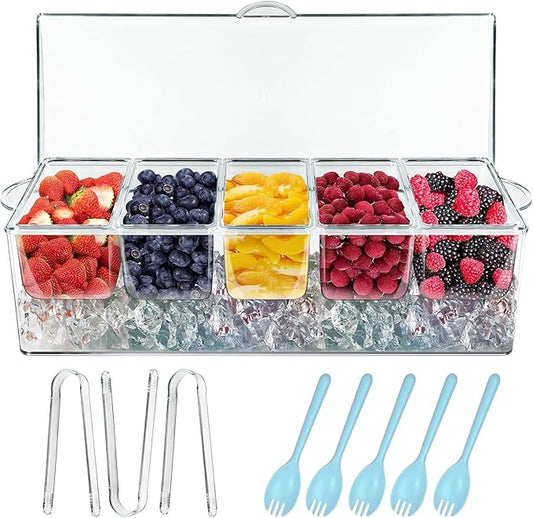 INNOVATIVE LIFE Bar Serving Tray on Ice with 5 Compartments Container, Fruit Trays for Serving, Garnish Platters with Lid, Clear