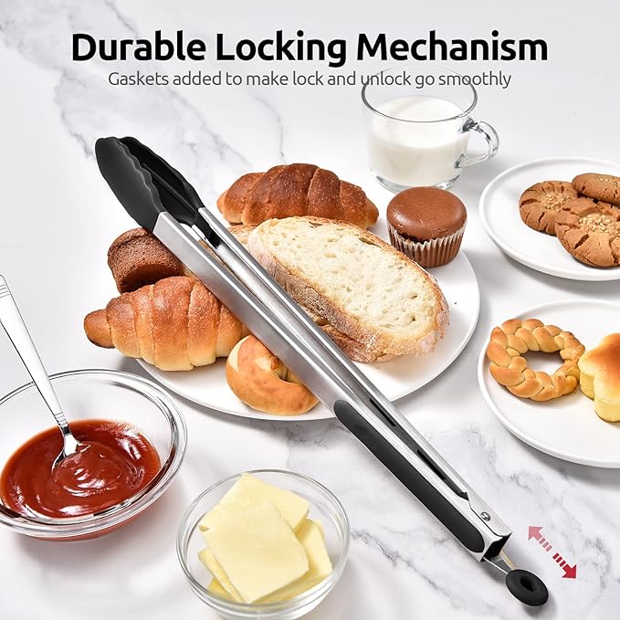 Heat Resistant Silicone Kitchen Tong: U-Taste 16 inch Extra Long Large 480ºF Hot Proof Cooking Tong with Sturdy Non Stick Rubber Tips & Non Slip Silicon Coated Steel Handle for Grilling BBQ (Black)