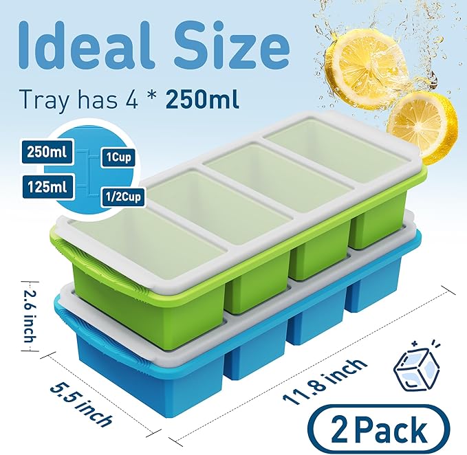 Silicone Freezer Tray with Lid Soup Freezer Container Molds with Steel Reinforced Rim Large Ice Cube Tray Makes 8 Perfect 1 Cup Portions Cubes Storage Food silicone Ice Cube Molds Housewarming Gifts