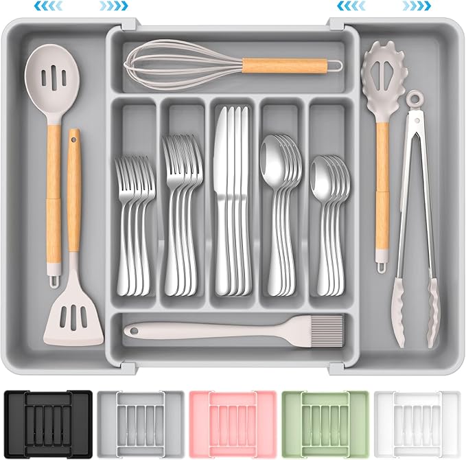 Extra Large Expandable Silverware Organizer, BPA-Free Food-Safe Cutlery Flatware Organizer, Kitchen Utensil Drawer Organizer, Adjustable Silverware Holder for Spoons Forks Knives, Gray