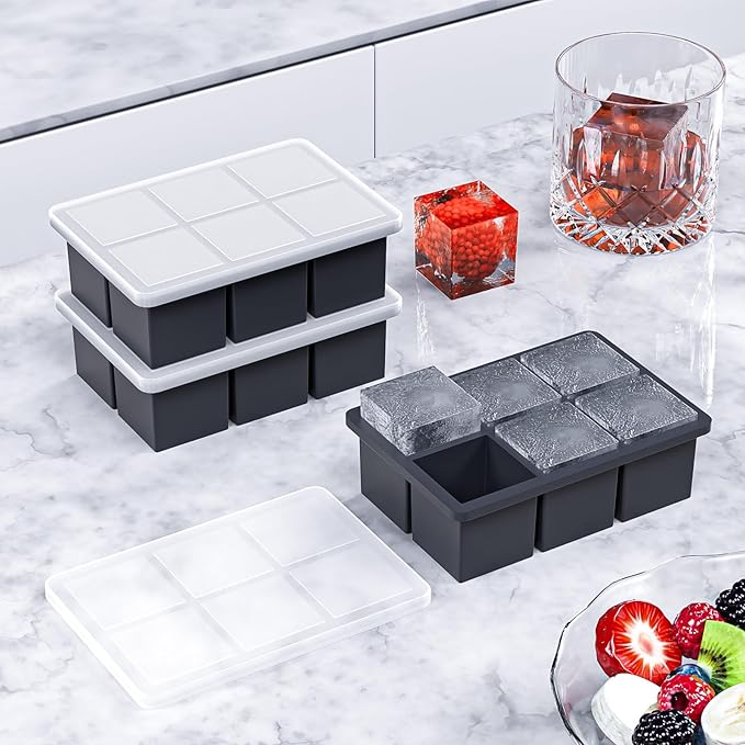 Large Ice Cube Tray for Whiskey, HANCELANT Big Silicone Square Ice Cube Mold with Removable Lid, 2'' Huge Square Ice Cubed Tray for Whisky and Cocktail
