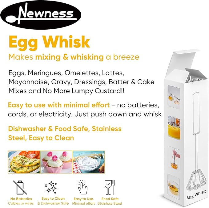 Newness Whizzy Whisk, Stainless Steel Semi Automatic Whisk Blender for Home -Versatile Tool for Egg Beater, Milk Frother, Hand Push Wisk - Kitchen Utensil for Blending, Whisking, Beating & Stirring