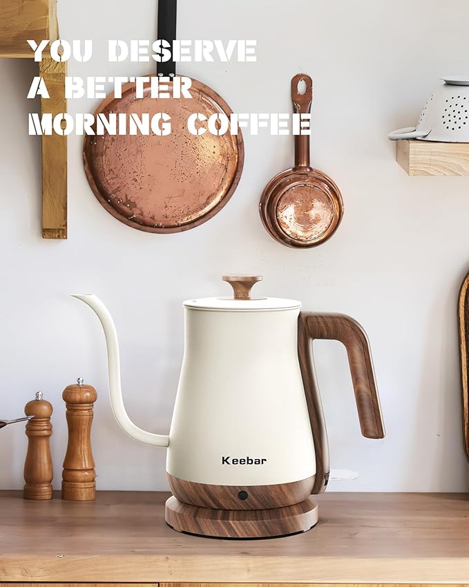 Gooseneck Electric Kettle, 1000W Electric Tea Kettle Stainless Steel, Pour Over kettle for Coffee, Wood-like Grain Finish Handle, Hot Water Kettle, Auto Shut Off, 0.8L, Beige