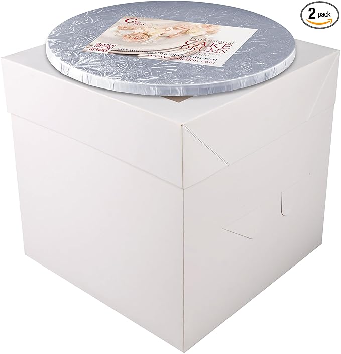 Cakebon Cake Boxes with Boards - 12 Inch Round Cake Drum Silver - Box With Window for Birthdays, Weddings and Parties (1pc Each, 2pcs Total)