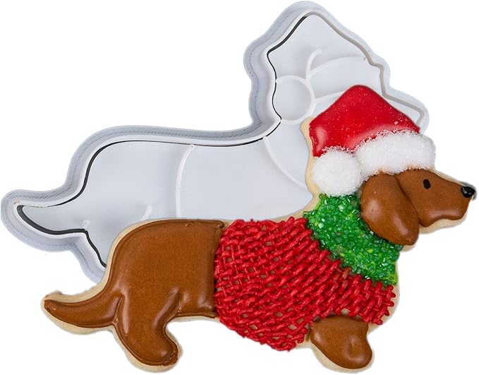 Flycalf Christmas Cookie Cutters Dachshund Shapes with 3D Stamper Fall Holiday PLA Baking Accessories Cutter Molds Gifts for Kids Decorative Party 3" Kitchen Cake Supplies