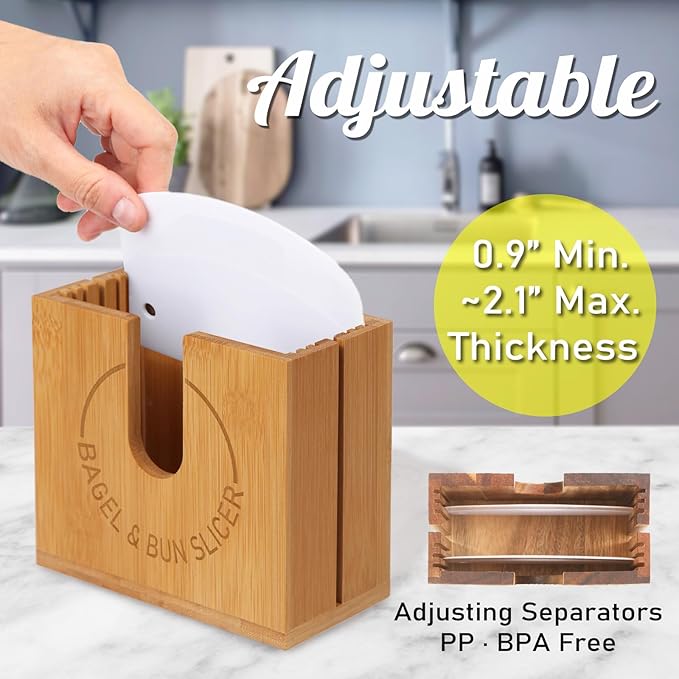 Large Adjustable Bagel Slicer Holder | Bamboo Bagel Cutting Holder with Width-Adjustable Slots for Small & Large Bagels, Buns & English Muffins, Knife Groove & Non-Slip Base
