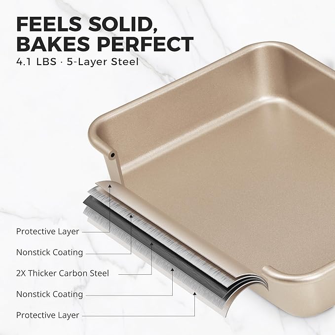 HONGBAKE Deep Baking Pans Set of 3, Nonstick Rectangle Sheet Cake Pans, 13/11/9 Inch Metal Oven Tray for Cooking Lasagna Brownie, Stackable Multi-Depth Bakeware, Golden
