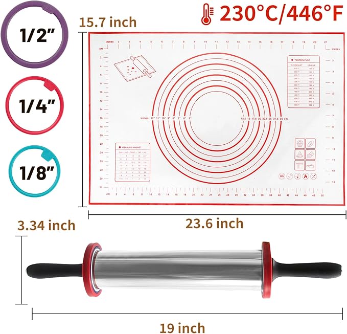 SHIKORI Rolling Pin,Adjustable Rolling Pin with Thickness Rings, Stainless Steel Dough Roller Baking Supplies for Pizza Pastry Fondant Pie Pasta-Red
