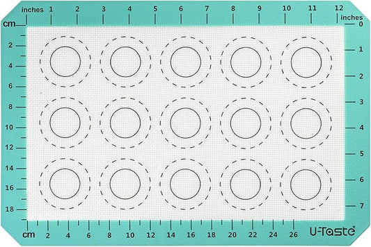 446ºF Heat Resistant Macaron Mat: U-Taste 14.17x9.44in Non Stick Silicone Baking Mat, Reusable Cookies Pastry Sheet Liner with Edge Enhancement & Circle Measurement for Cake Pan (Aqua Sky)