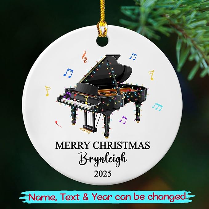 Personalized Piano Musical Ceramic Christmas Ornament, Customized Text Year Name Piano Player Ornaments Gift for Pianist Dad Mom Daughter Son Kid, Unique Pianos Instrument Ceramic Xmas Tree Ornament