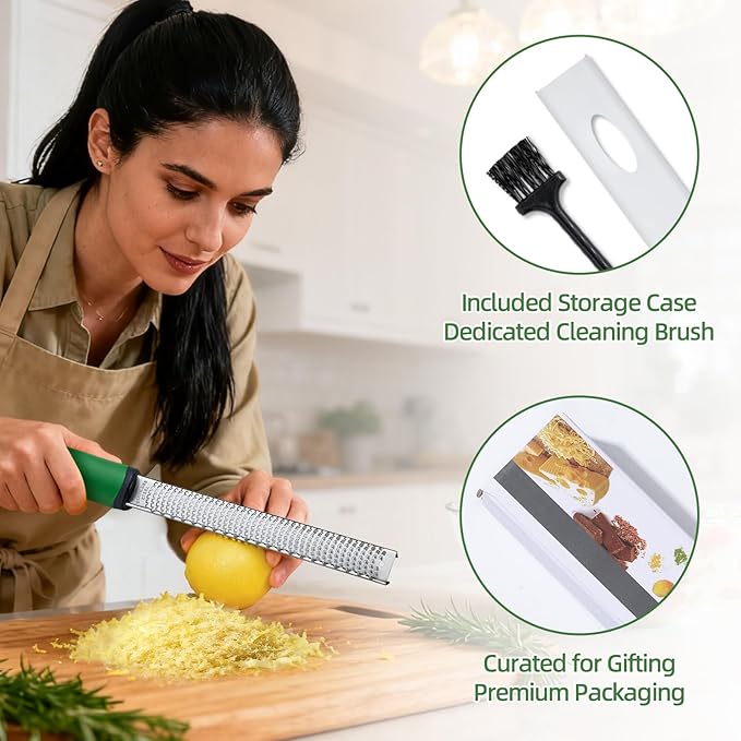 Koythin Zester, Lemon Zester & Cheese Grater with Brush, Heavy Duty Kitchen Tool for Zesting Citrus, Parmesan Cheese, Chocolate, Ginger, Fruits, Stainless Steel with Handle and Cover (Green)