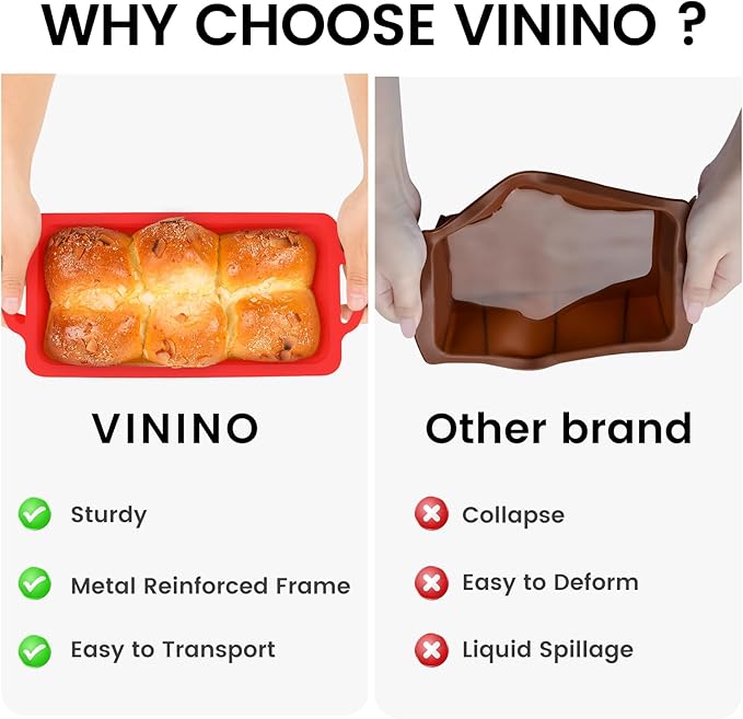 Vinino 2 Pack Silicone Bread Loaf Pan with Metal Reinforced Frame, 9.5 x 5 in Non-stick Silicone 1 lb Loaf Pan for Baking, Durable Bread Pan for Oven Dishwasher Safe - Red