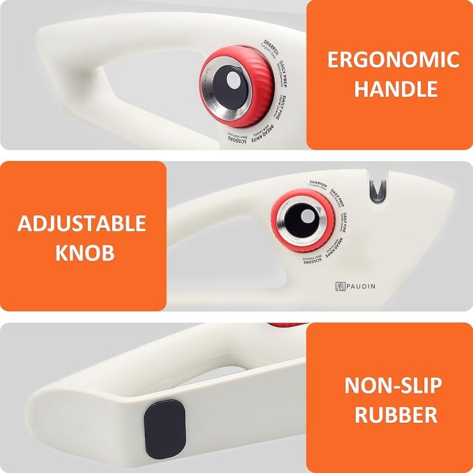 PAUDIN Knife Sharpener, Kitchen Knife Sharpener, 5 Stage Knife Sharpeners for Kitchen Knives, Pocket, Serrated Knives & Scissors, Blade Sharpening, Honing & Polishing Tool, White