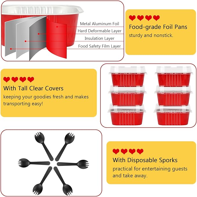 120pack 5oz Mini Cake Pans with Lids,LNYZQUS Foil Cupcake Cups Small Brownie Baking Tins,Square Disposable Ramekins Cheesecake Containers for Christmas-Red