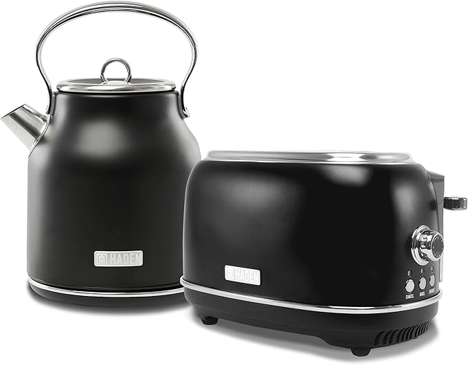 Haden Heritage 2 Slice Wide Slot Stainless Steel Toaster Bundled with 1.7 Liter Stainless Steel Electric Water Kettle, Black & Chrome