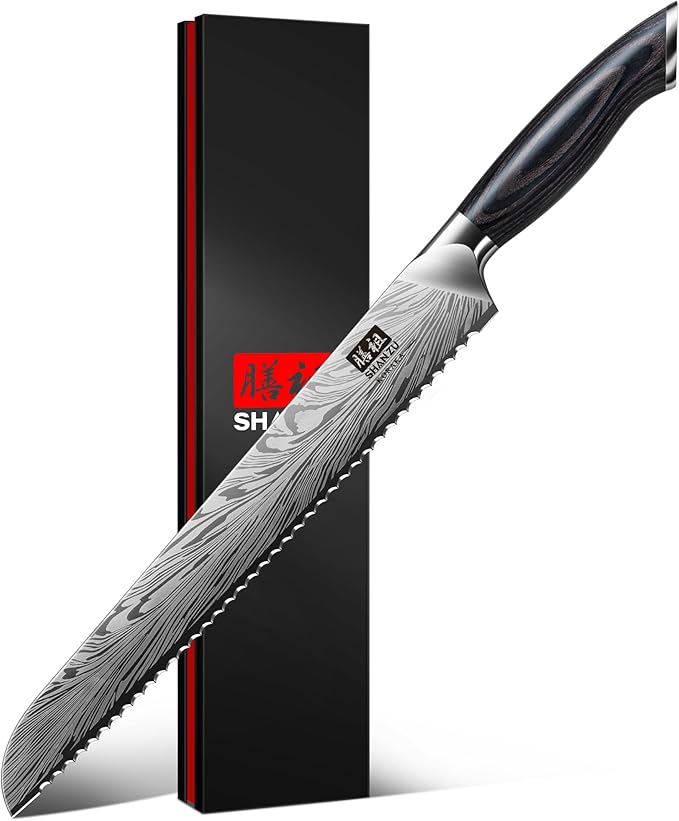 SHAN ZU 10 inch Bread Knife in Powder Steel, Serrated Bread Knife for Homemade Bread Sourdough Ultra Sharp Bread Slicer Knives with Ergonomic Pakkawood Handle for Sourdough, Turkey and Fruit