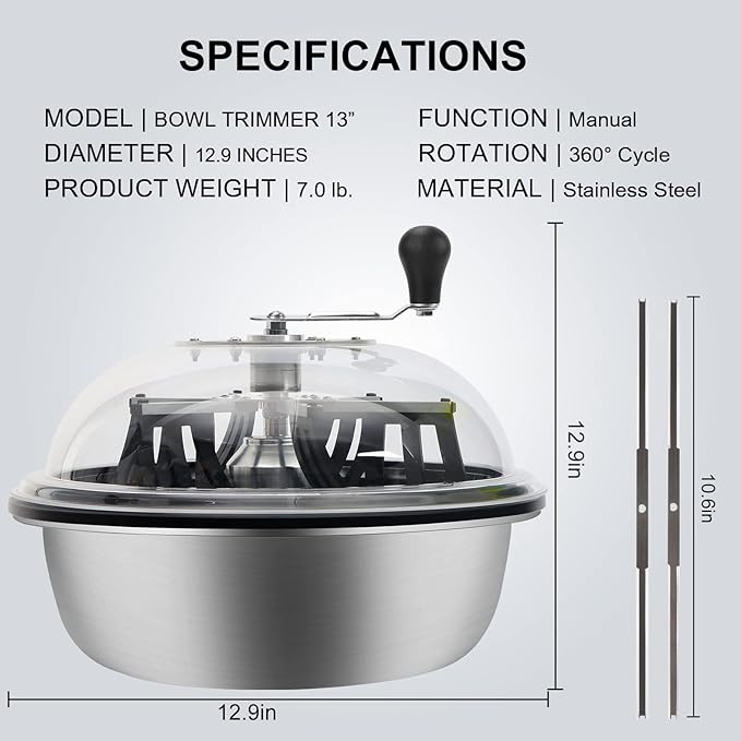 MELONFARM 13 in Bud Leaf Bowl Trimmer, Bowl Trimmer with Switchable Stainless Steel Blades & Clear Visibility Dome, Hand Twist Spin Cutting Bud Trimmer for Buds, Flowers, Hydroponics Plants