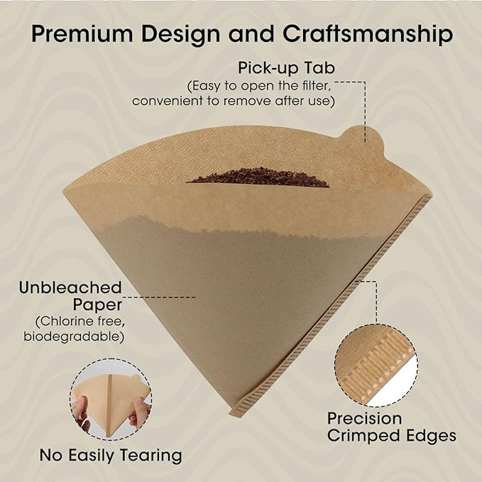 V60 Coffee Filters 02, ONIOU Unbleached Size 02 Cone Coffee Filters, 200 Count Natural Brown Pour Over Paper Filters for Hario V60 & Others 1–4 Cup Coffee Dripper - Package May Vary