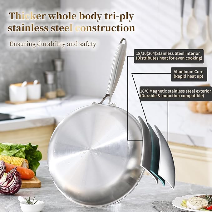 DELARLO Tri-ply Stainless Steel Frying Pan Set with Lid 8"10"12" Induction large Skillets Chef's Pan,Pots and Pans Set Kitchen Cookware Set Suitable for All Stove