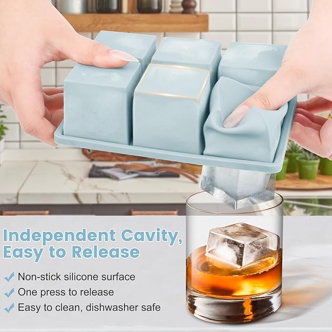 Large Silicone Ice Cube Tray 3Pack, SAWNZC Big Square Ice Cube Molds for Whisky Cocktail, Ice Maker Tray with Lid for Freezer, Easy Release (2, Blue)