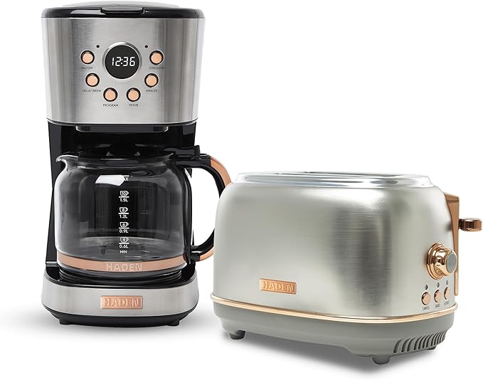 HADEN Heritage 12 Cup Programmable Retro Coffee Maker Machine Bundled with 2 Slice Wide Slot Toaster with Removable Crumb Tray, Steel/Copper
