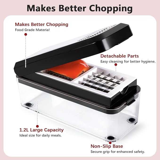 Vegetable Chopper, Onion Chopper Dicer, Mandoline Slicer, Food Chopper with Container, Vegetable Cutter for Salad Potato Carrot Garlic（2 Blades, Black White）
