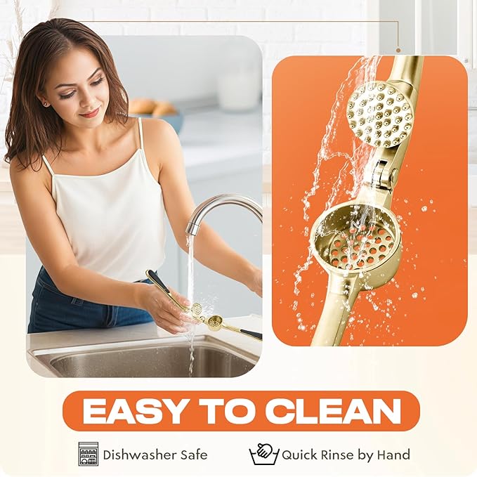 Kitchen Garlic Press, Rust Proof & Dishwasher Safe Garlic Mincer, Durable Garlic Crusher Set with Peeler＆Brush, Easy to Clean and Squeeze, Gold