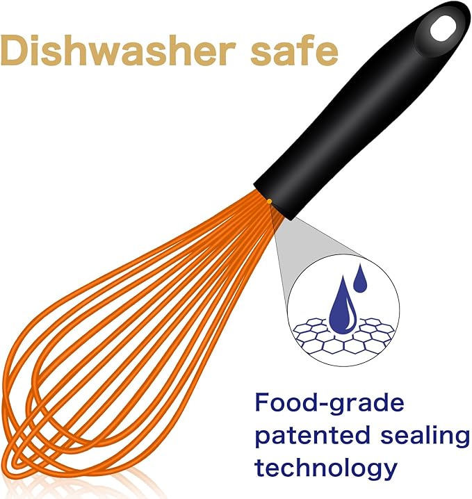 Dishwasher Safe Orange Silicone Whisk, Sealed Waterproof Design Set of 3, Professional Kitchen Whisks for Cooking Non-Scratch, Silicone&Stainless Steel Whisk, Heat Resistant Plastic wisk, BPA free