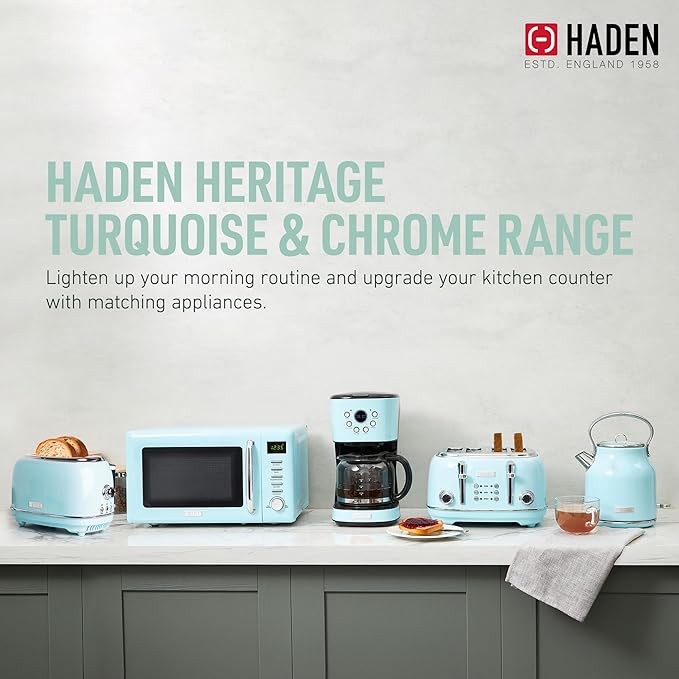 Haden 12 Cup Programmable Drip Coffee Maker Coffee Machine Bundled with Heritage 4 Slice Wide Slot Stainless Steel Toaster, Turquoise & Chrome