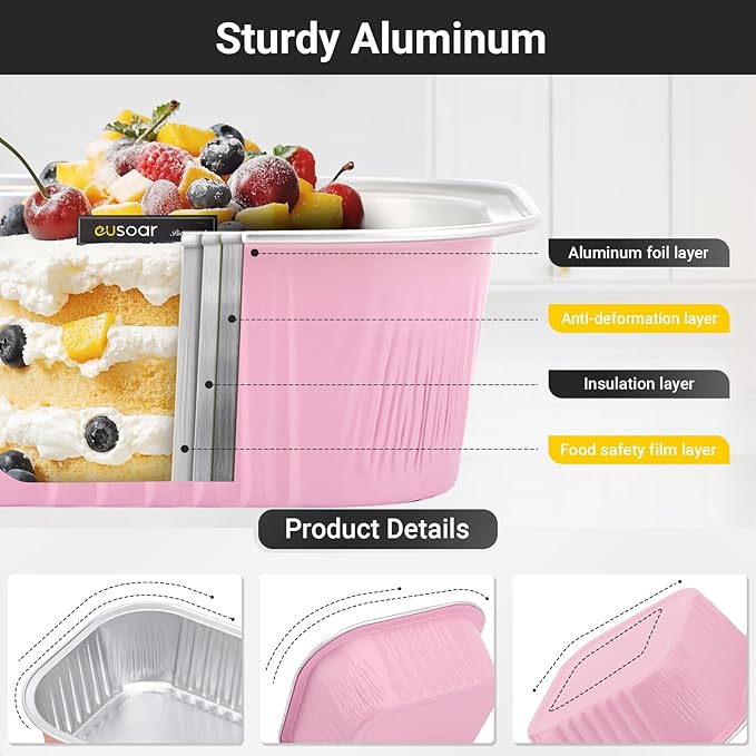 EUSOAR Cupcake Liner, 50pcs 10oz Pink Foil Mini Flan with Lids, Loaf Pans Aluminium Tins for Baking, Disposable Creme Brulee Cups Dessert Containers for Pie Souffle, Cake Holder for Party Serving